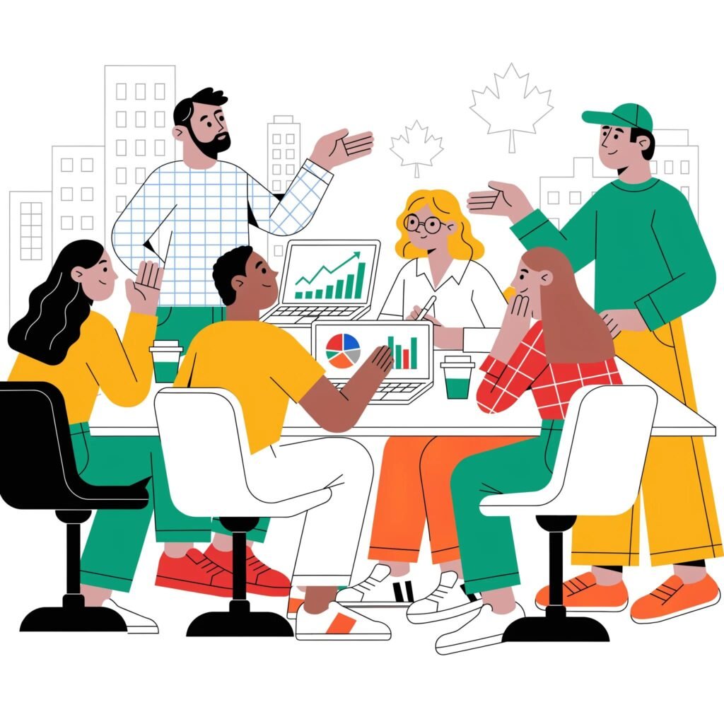 Top Managed Cybersecurity Solutions for Canadian Businesses - CyberPhore A team assessing cyber risk management strategies in a Canadian business setting, showcasing enhanced security measures.