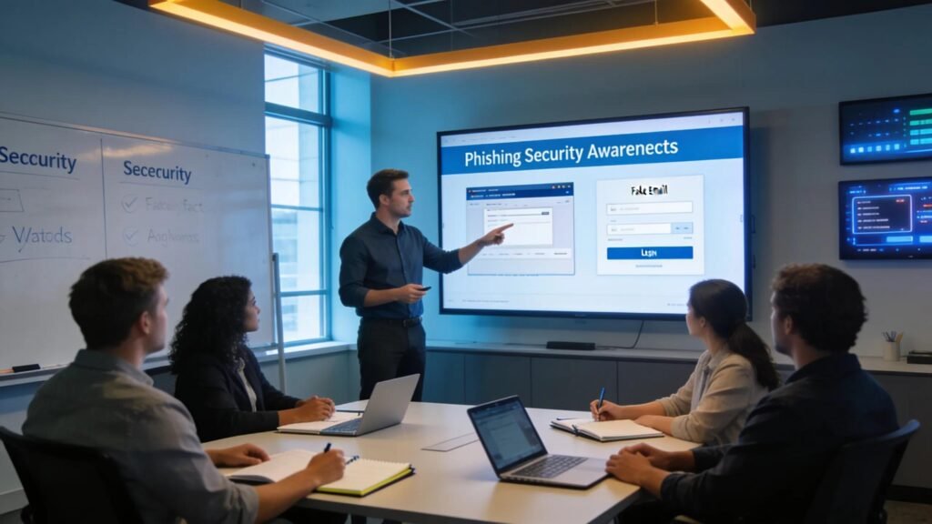 Training session on phishing tactics with employees learning cybersecurity measures