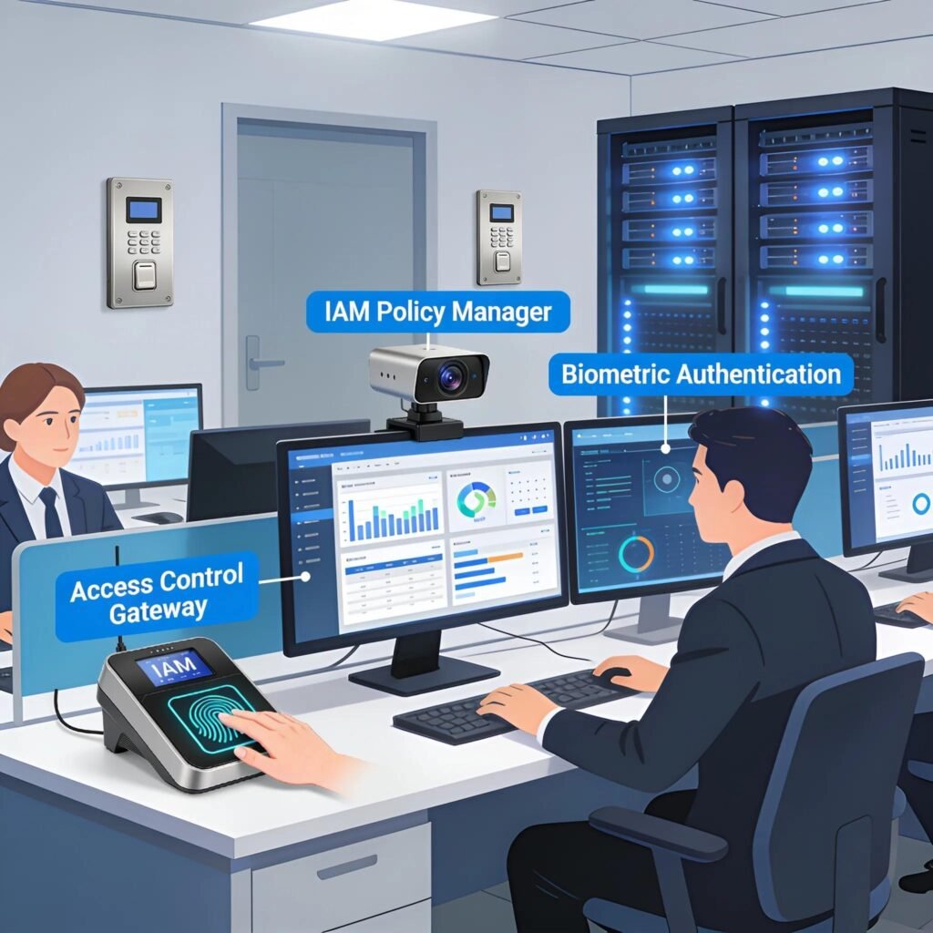 Secure Your Assets: Explore Our Network Security Hub - CyberPhore Professionals using Identity and Access Management tools for secure access control in a modern office