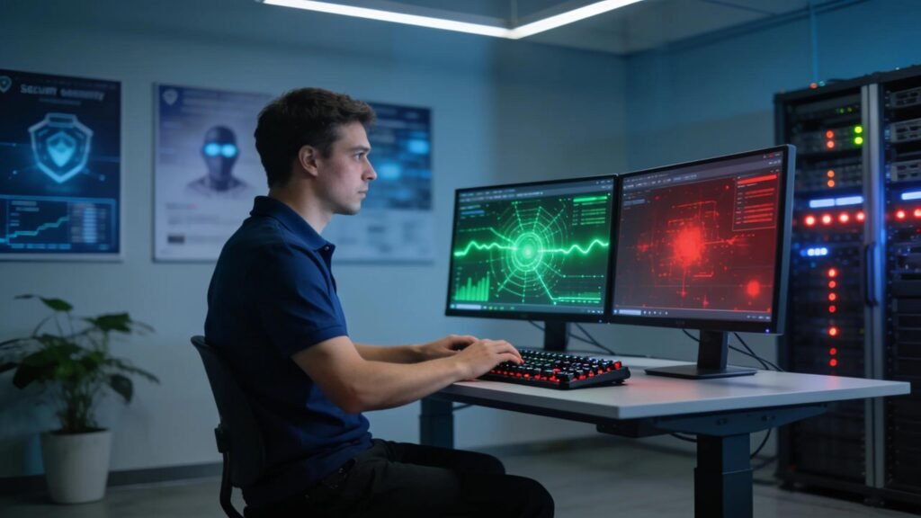 Cybersecurity expert analyzing data patterns for proactive threat hunting techniques