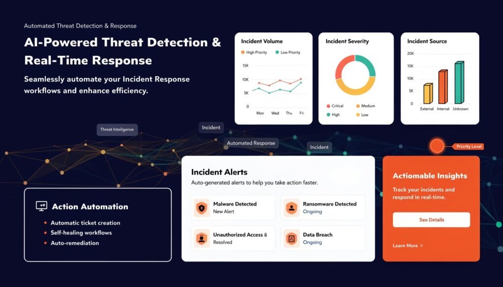 Digital dashboard showcasing automated incident response metrics and alerts in cybersecurity