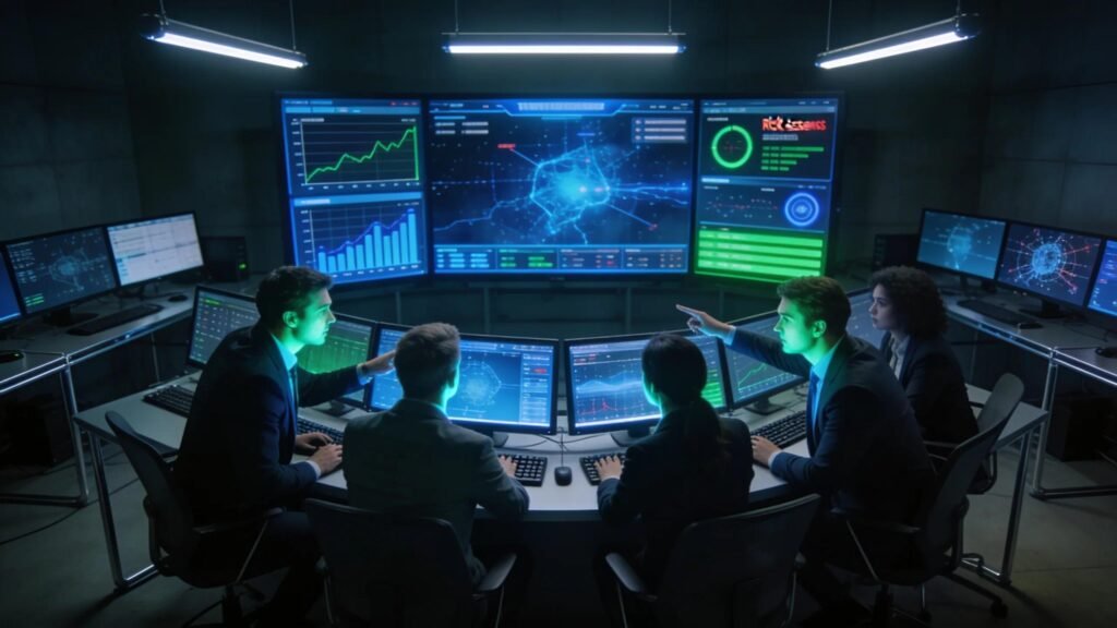 Cybersecurity team analyzing threat data in a high-tech control room