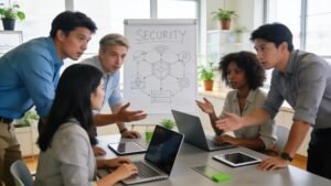 Team of diverse employees engaging in a discussion about cybersecurity best practices in a modern office setting