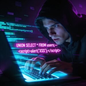 Hacker coding at computer depicting SQL injection and cross-site scripting attacks