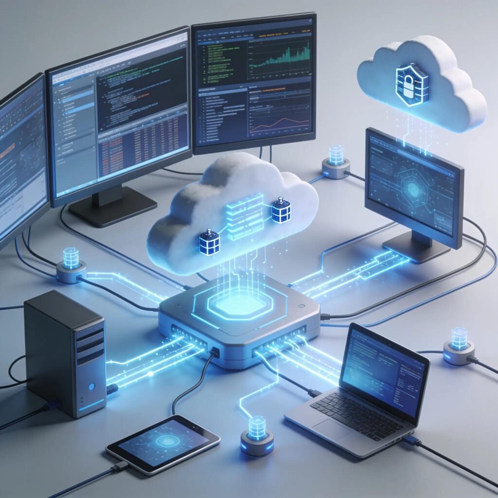 Top Managed Cybersecurity Solutions for Canadian Businesses - CyberPhore Visual representation of managed security services components including SOC, endpoint devices, and cloud security systems.
