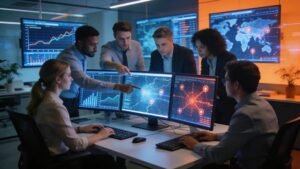 Cybersecurity professionals collaborating on threat intelligence in a high-tech office environment