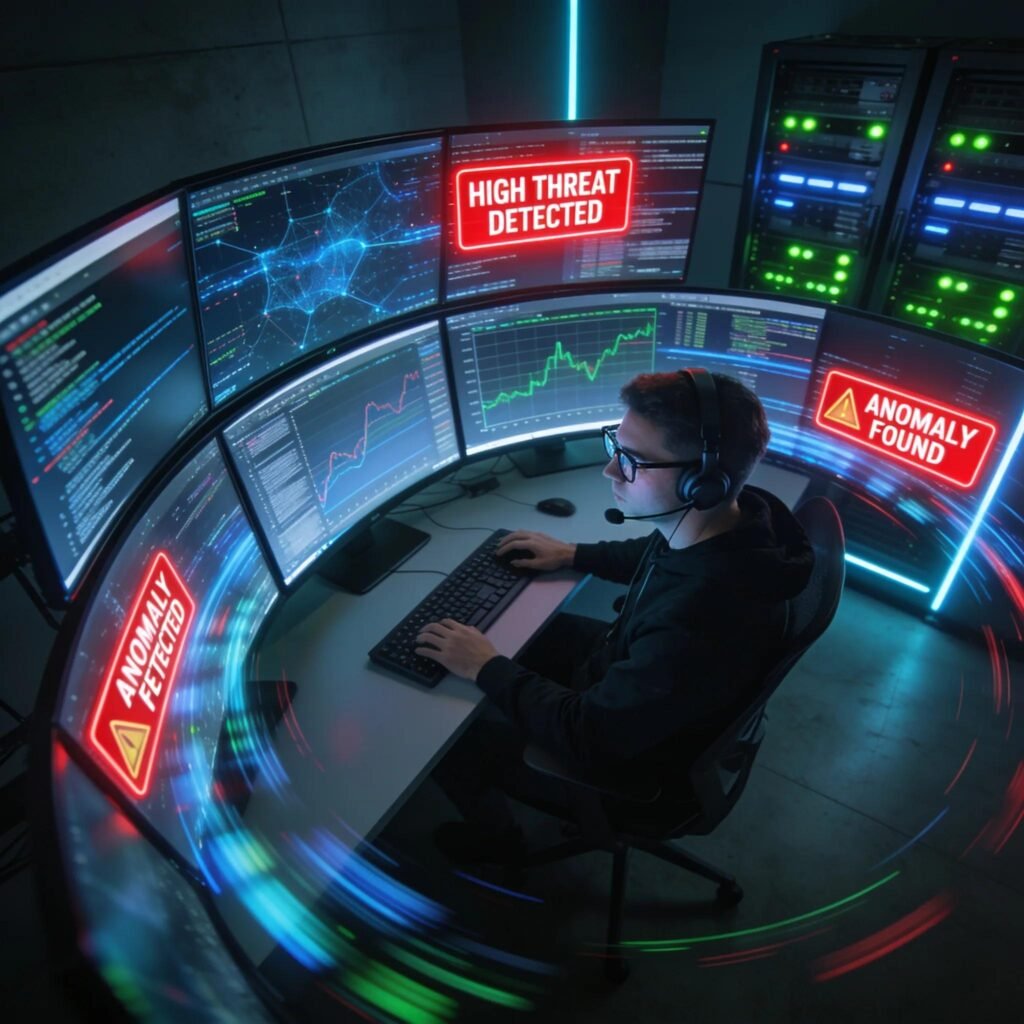 Secure Your Assets: Explore Our Network Security Hub - CyberPhore Cybersecurity analyst conducting continuous network monitoring with real-time data displays