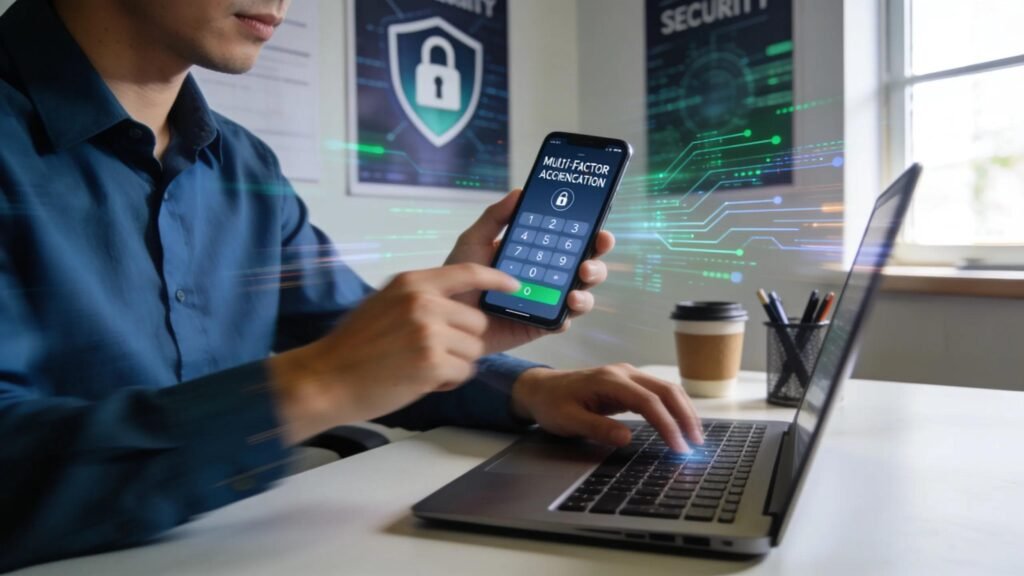 Top 10 Cybersecurity Best Practices Every Small Business Should Implement Today - CyberPhore Employee using a mobile device for multi-factor authentication in a modern office environment
