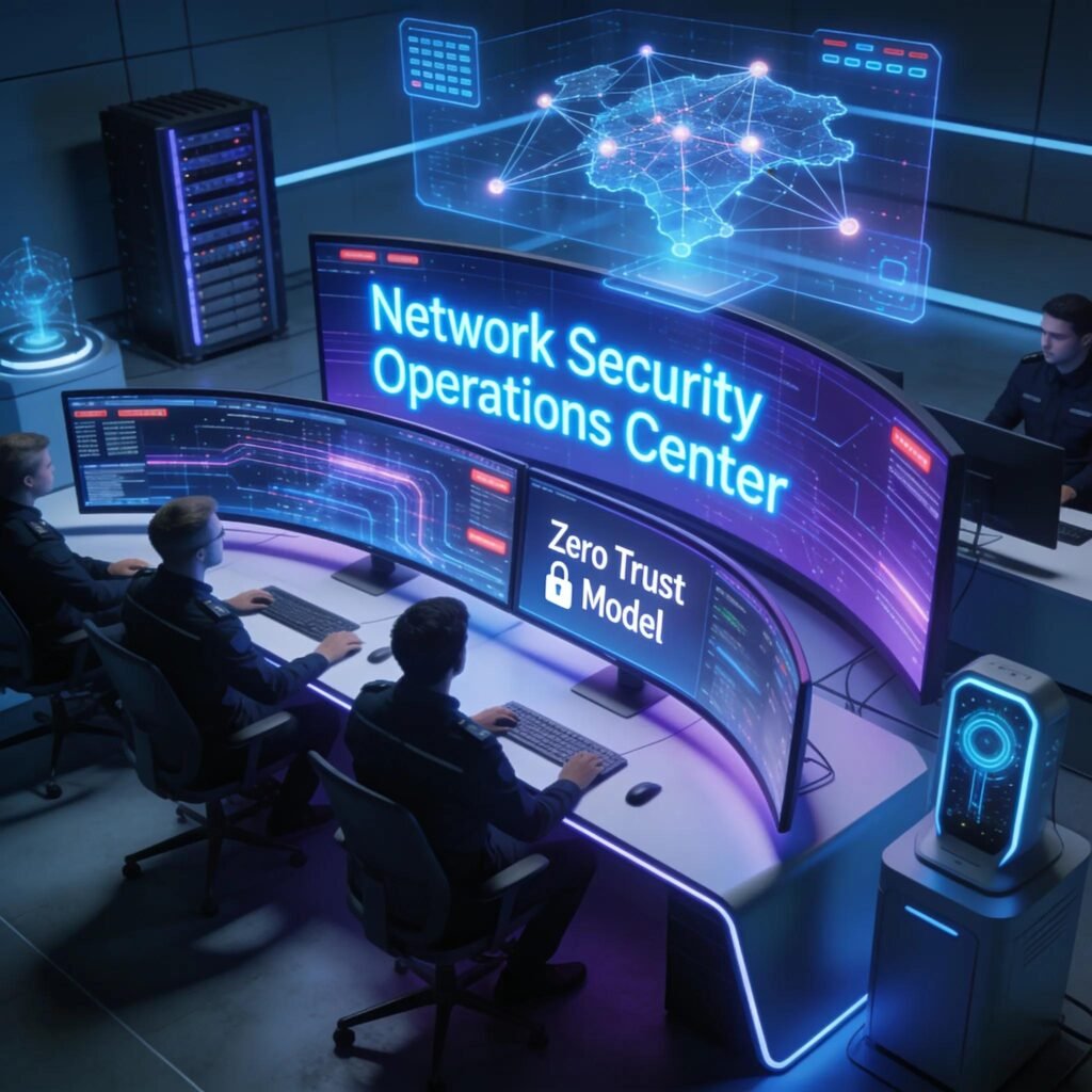 Network security operations center with professionals monitoring data, emphasizing Zero Trust principles