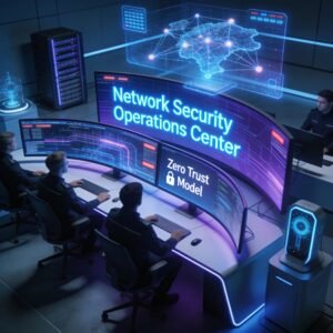 Network security operations center with professionals monitoring data, emphasizing Zero Trust principles