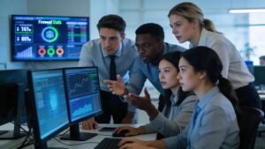 Professionals collaborating on cybersecurity strategies in a modern office