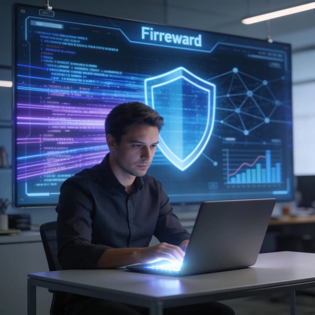 Professional working on laptop with digital firewall interface representing website defense mechanisms
