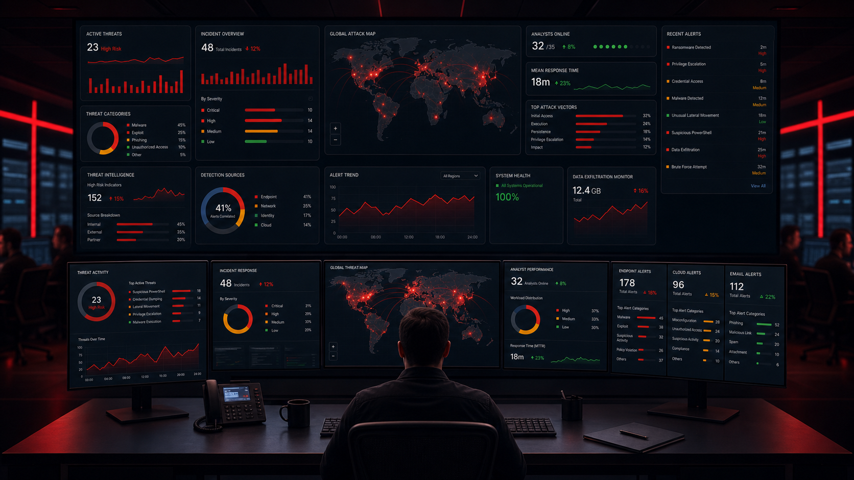 Security operations centre with analyst dashboards for threat hunting, incident response, and cloud alerts